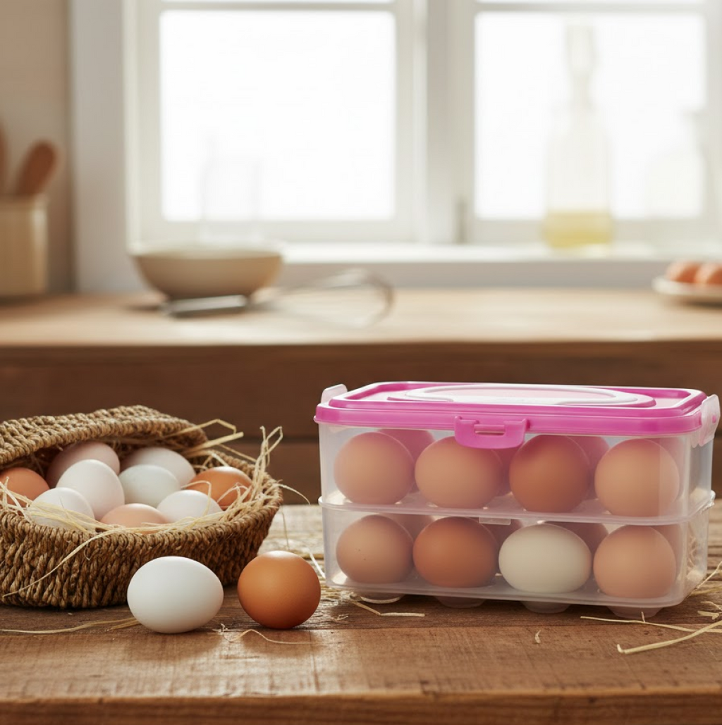 Close-up of the secure locking mechanism on the transparent egg storage container lid.