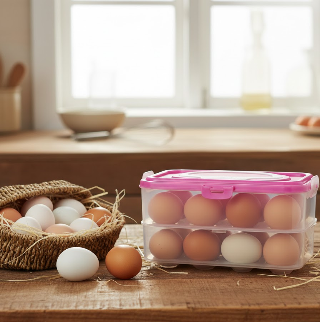 Close-up of the secure locking mechanism on the transparent egg storage container lid.