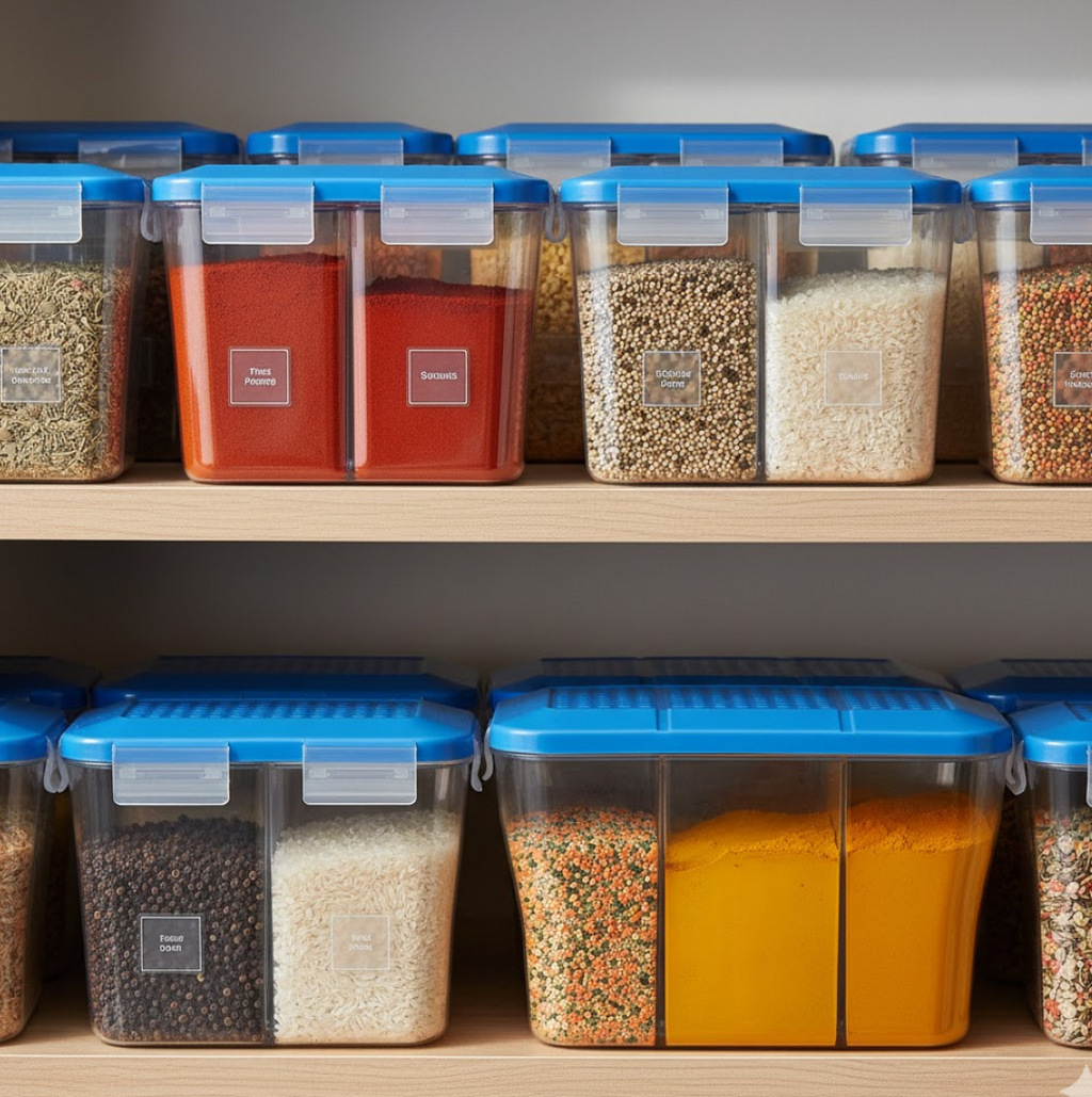 Top view of the airtight storage container, highlighting its three distinct compartments.