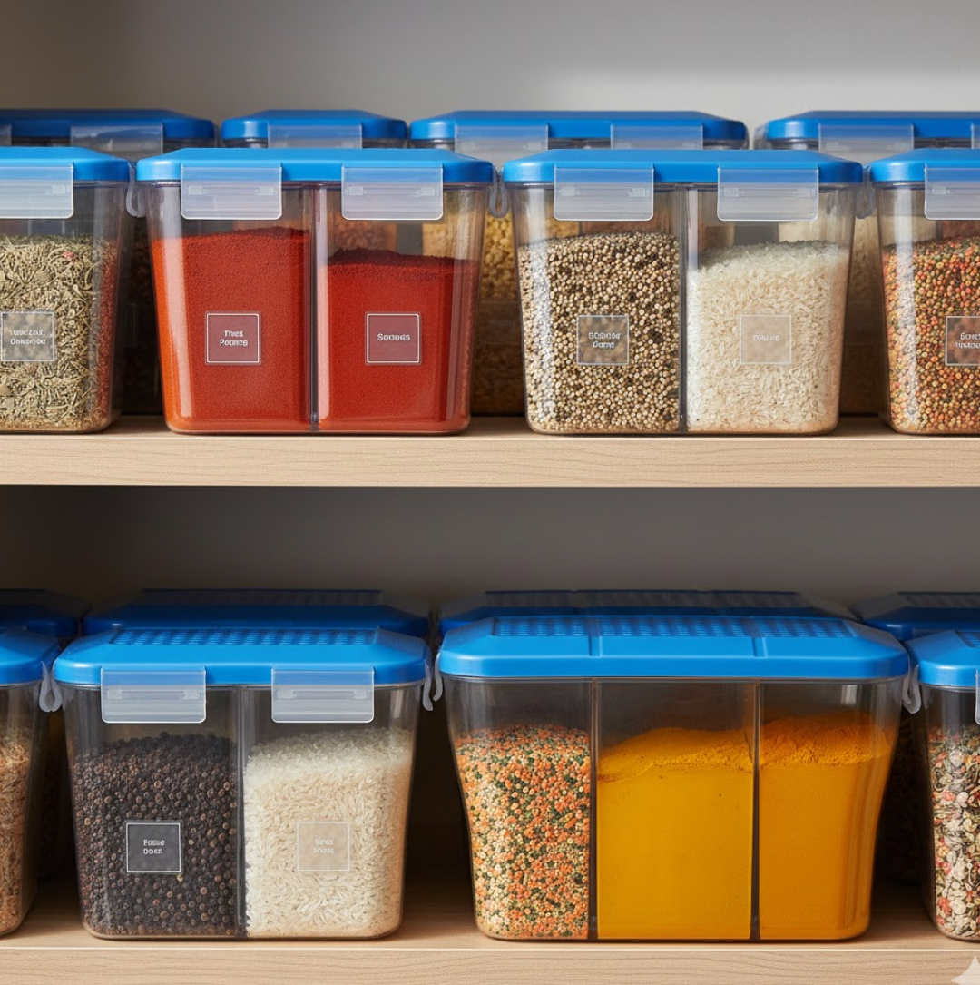 Top view of the airtight storage container, highlighting its three distinct compartments.