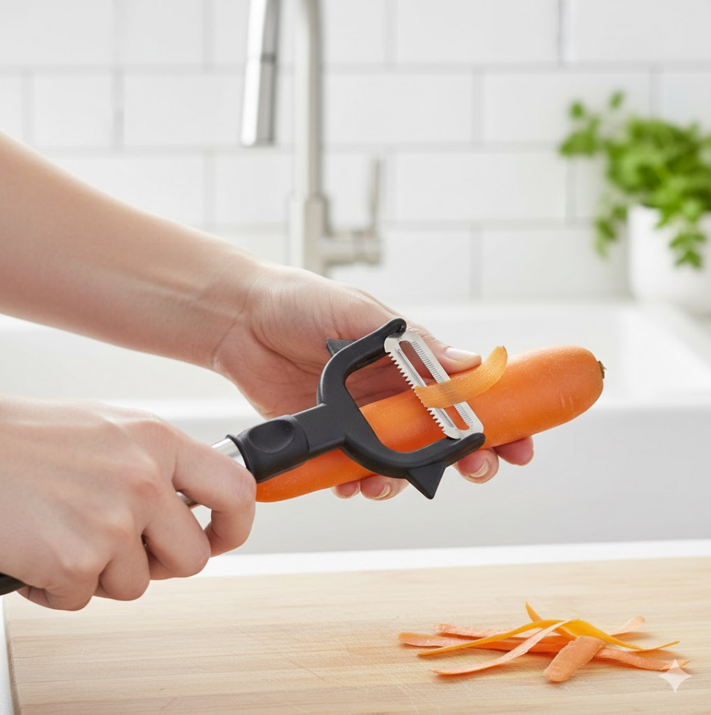 The 2-in-1 double julienne and vegetable peeler ready for kitchen use.