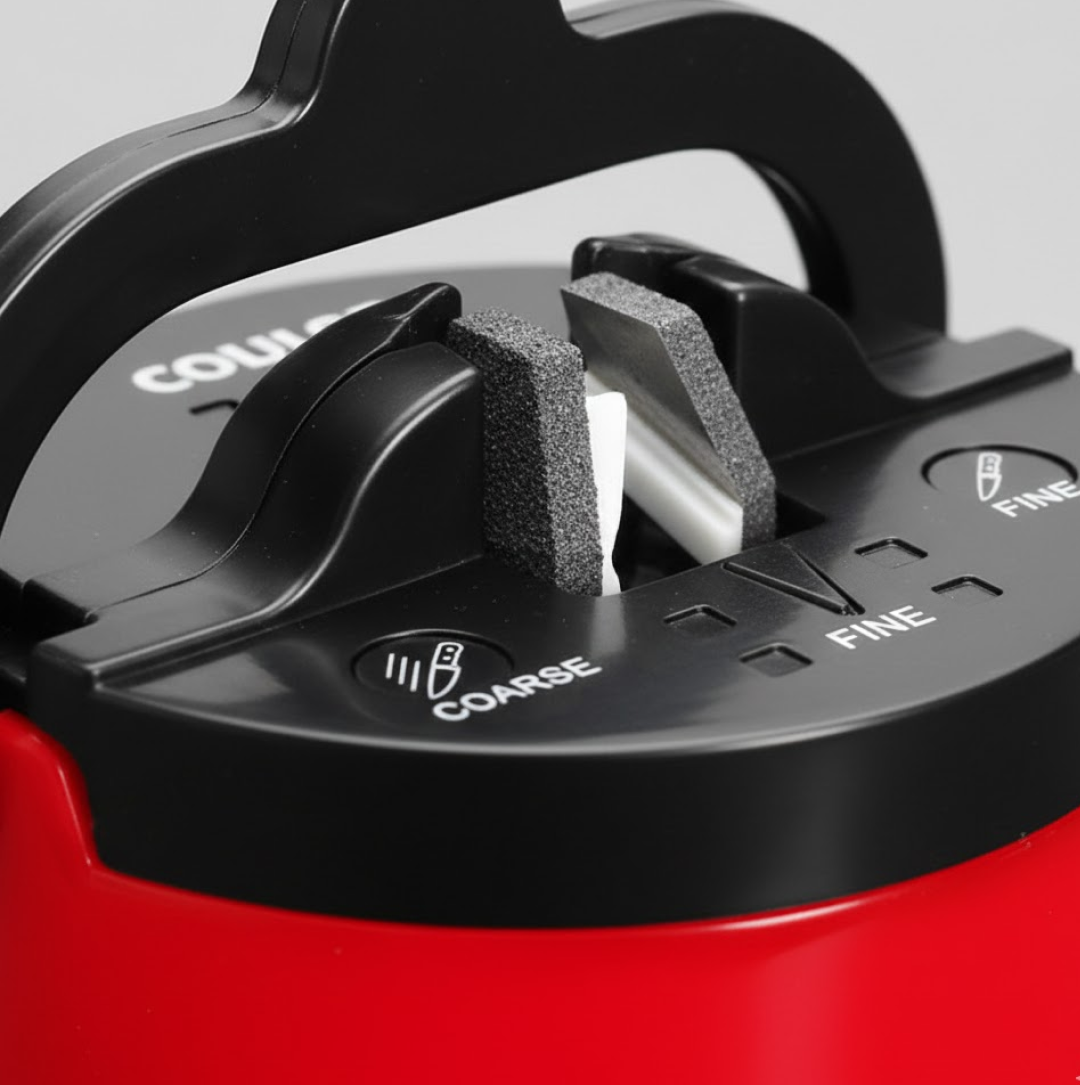 Three sharpening slots designed for coarse, fine, and ceramic blades.