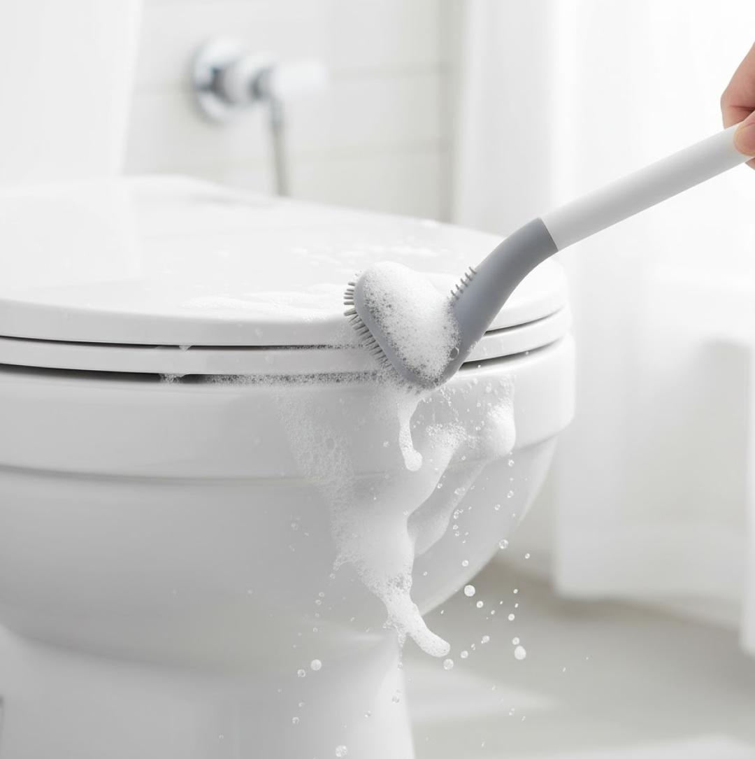 Wall-mounted holder securely storing the golf toilet brush, saving space.