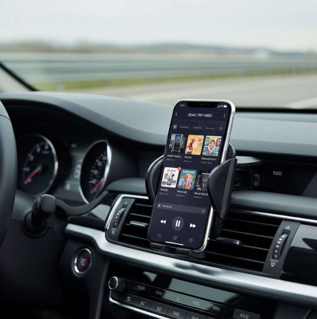 Side profile of the PHOBIA Car Vent Mobile Holder showcasing its secure grip.