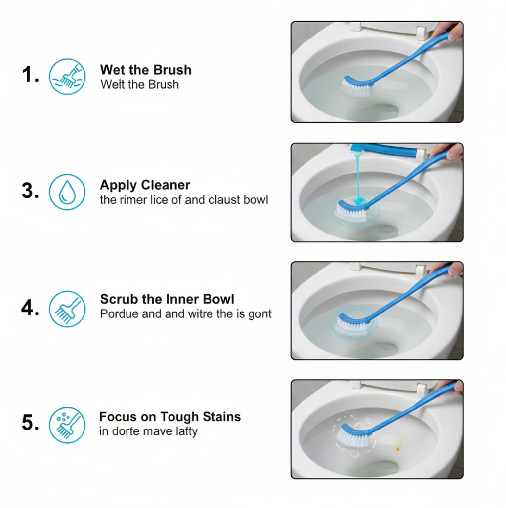 Lightweight plastic toilet brush, easy to handle for daily bathroom cleaning.