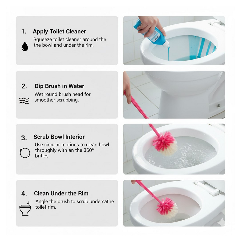 Long handle of the toilet cleaner brush with a convenient hanging eyelet.