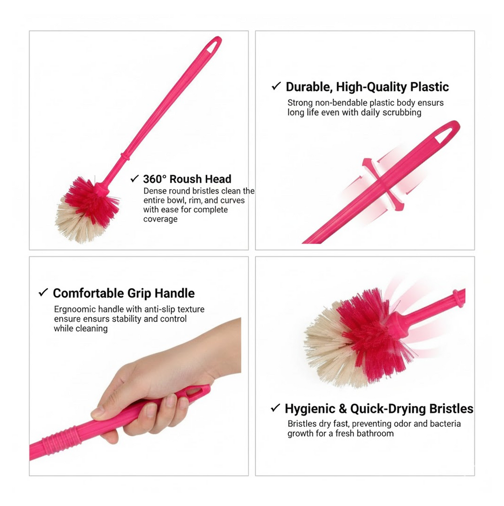 Full view of the multicolor toilet cleaner brush ready for use.