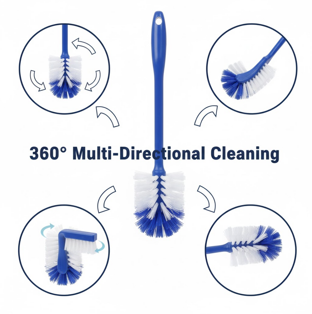 Ergonomic handle and flexible head of the hockey stick toilet brush.
