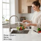 Foldable kitchen strainer basket displayed with its adjustable layers and sturdy handles.