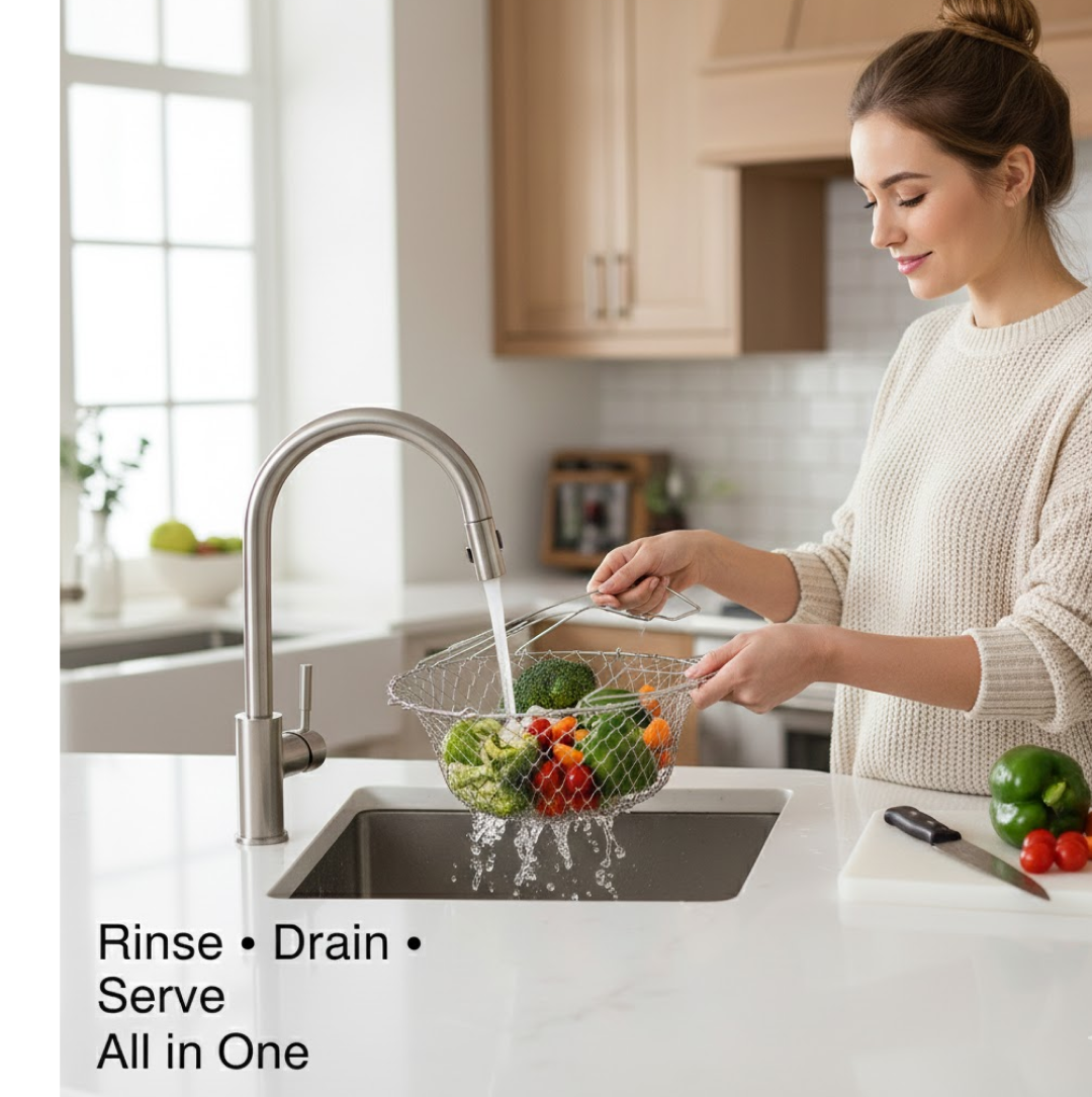 Foldable kitchen strainer basket displayed with its adjustable layers and sturdy handles.