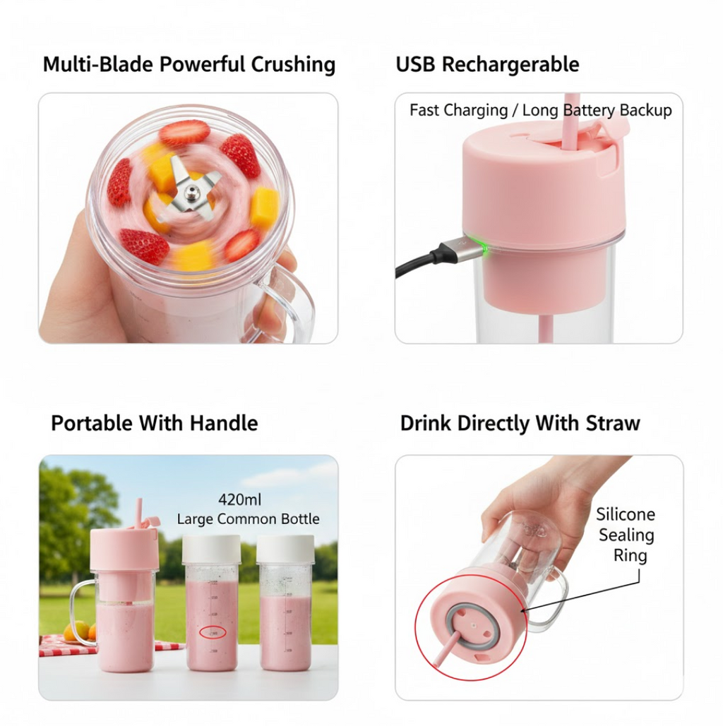 420ml capacity portable juicer with detachable parts for easy cleaning.