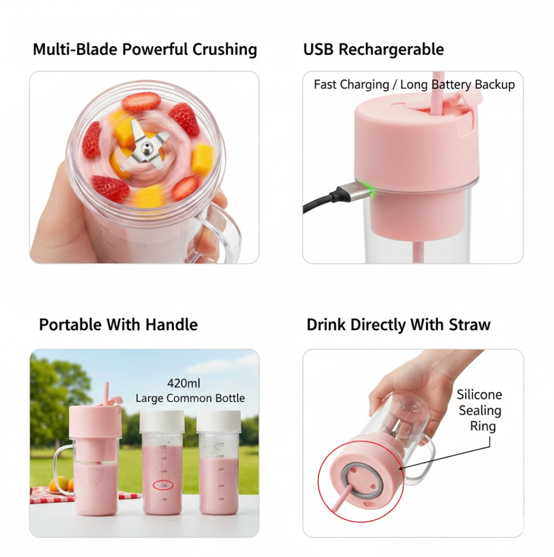 420ml capacity portable juicer with detachable parts for easy cleaning.