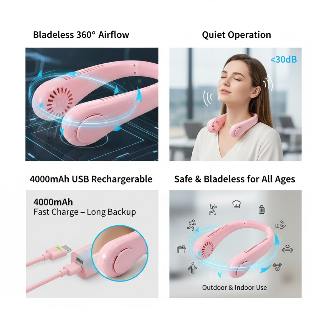Detailed view of the ergonomic design of the wearable neck fan.