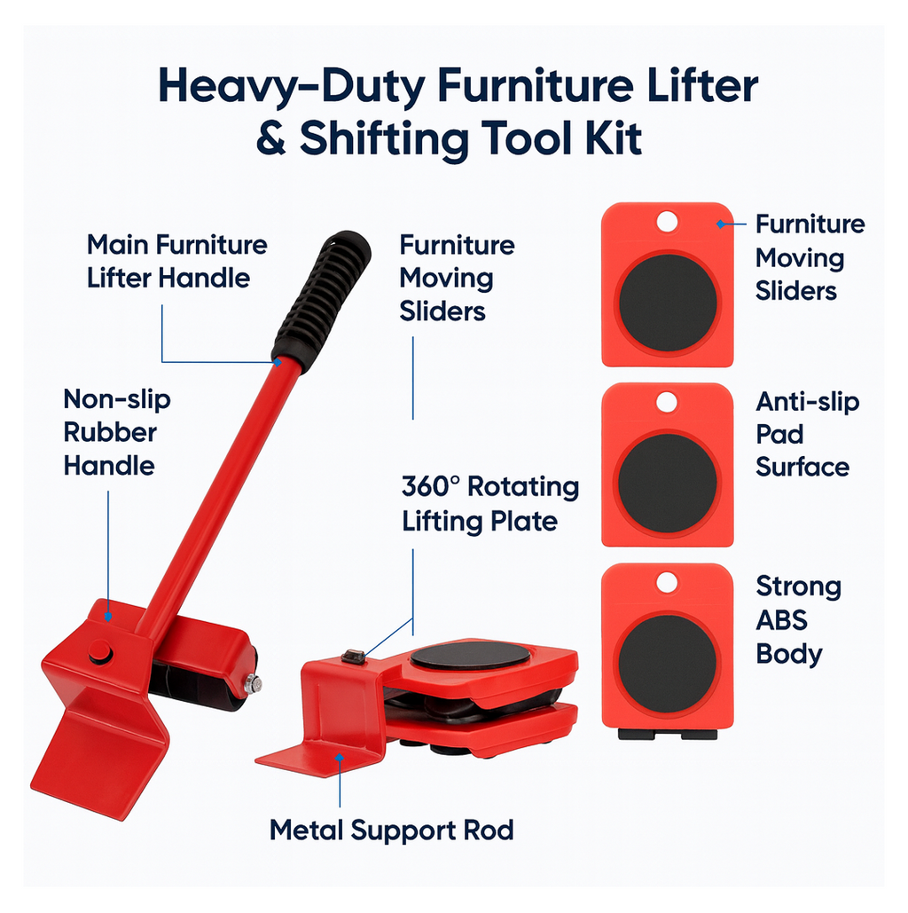 Illustrated breakdown of the furniture shifting tool parts for clear understanding and use.
