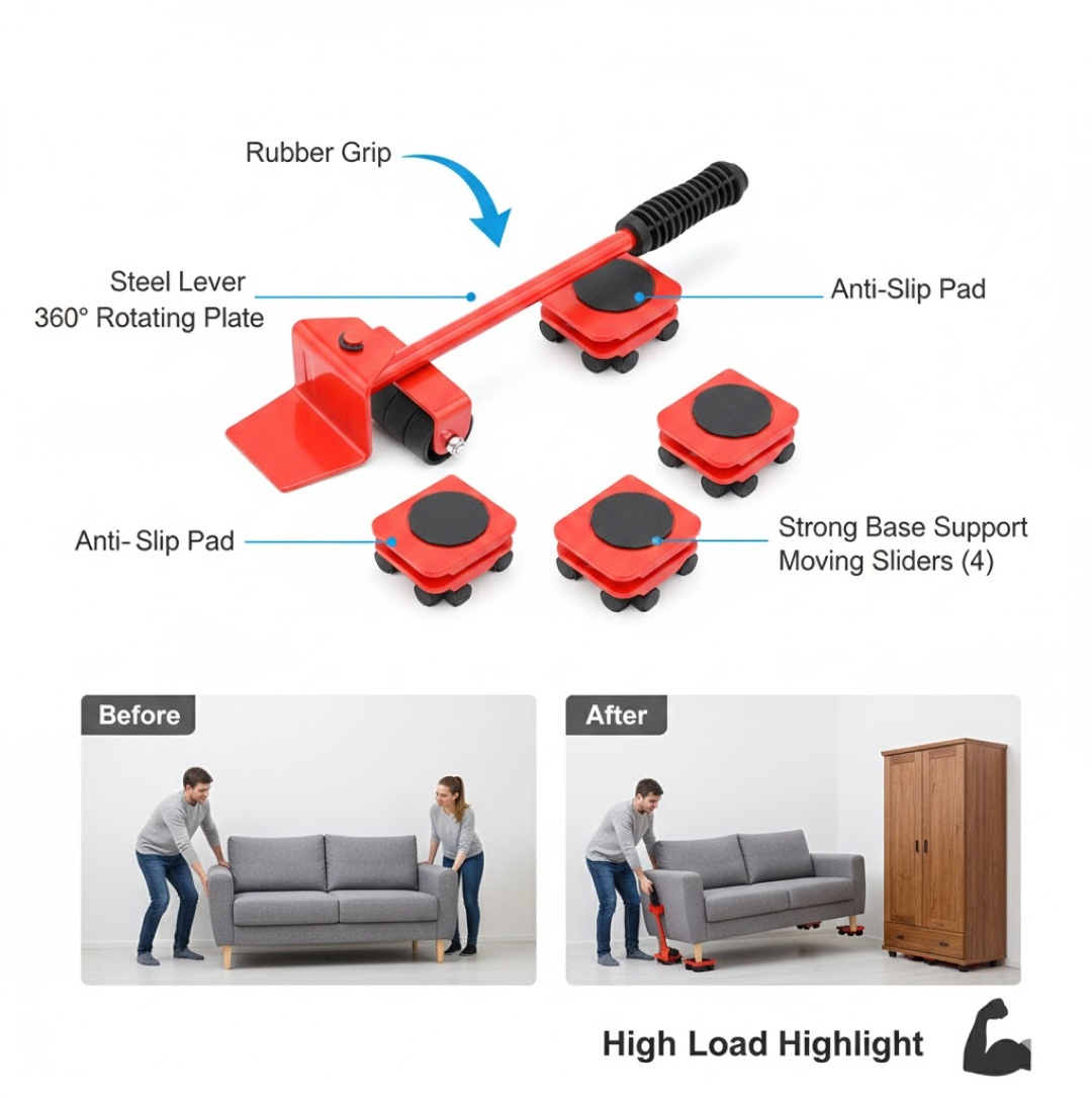Detailed view of the furniture lifter tool's robust steel construction and protective rubber tips.