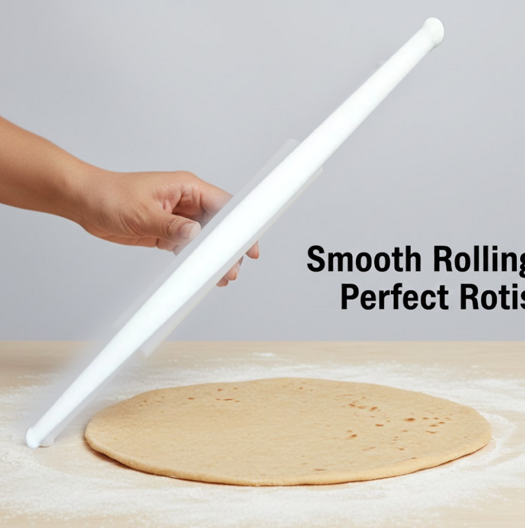 White plastic rolling pin featuring ergonomic handles for a comfortable grip.