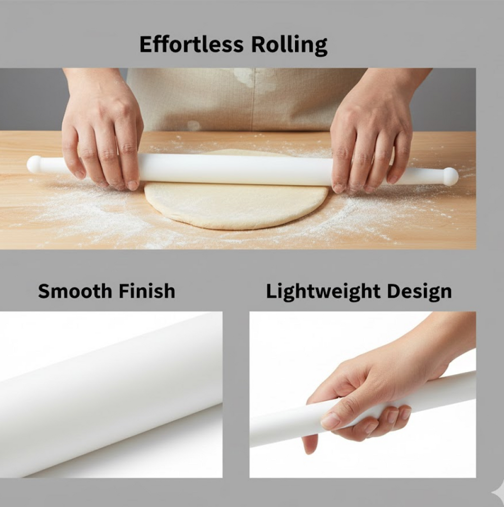 A white plastic rolling pin in use, making perfectly round chapatis on a wooden board.