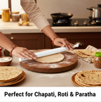 Demonstration of the smooth rolling action of the white plastic rolling pin for even flattening.