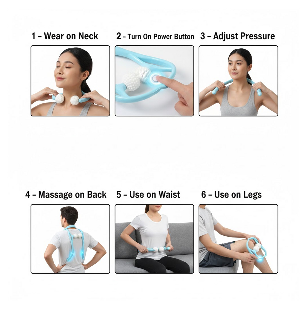 Multiple views showcasing the features of the portable neck and shoulder massager.