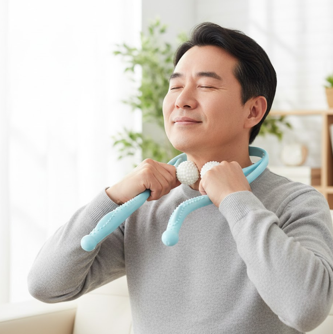 Illustration demonstrating the effective usage of the massager on upper back and shoulders for pain relief.