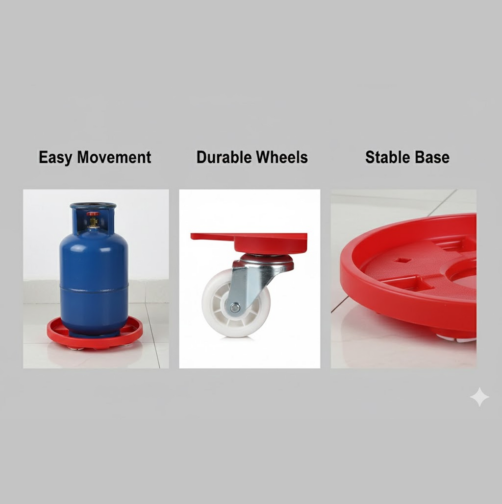 Side view of the Tidy Table red plastic LPG cylinder trolley.