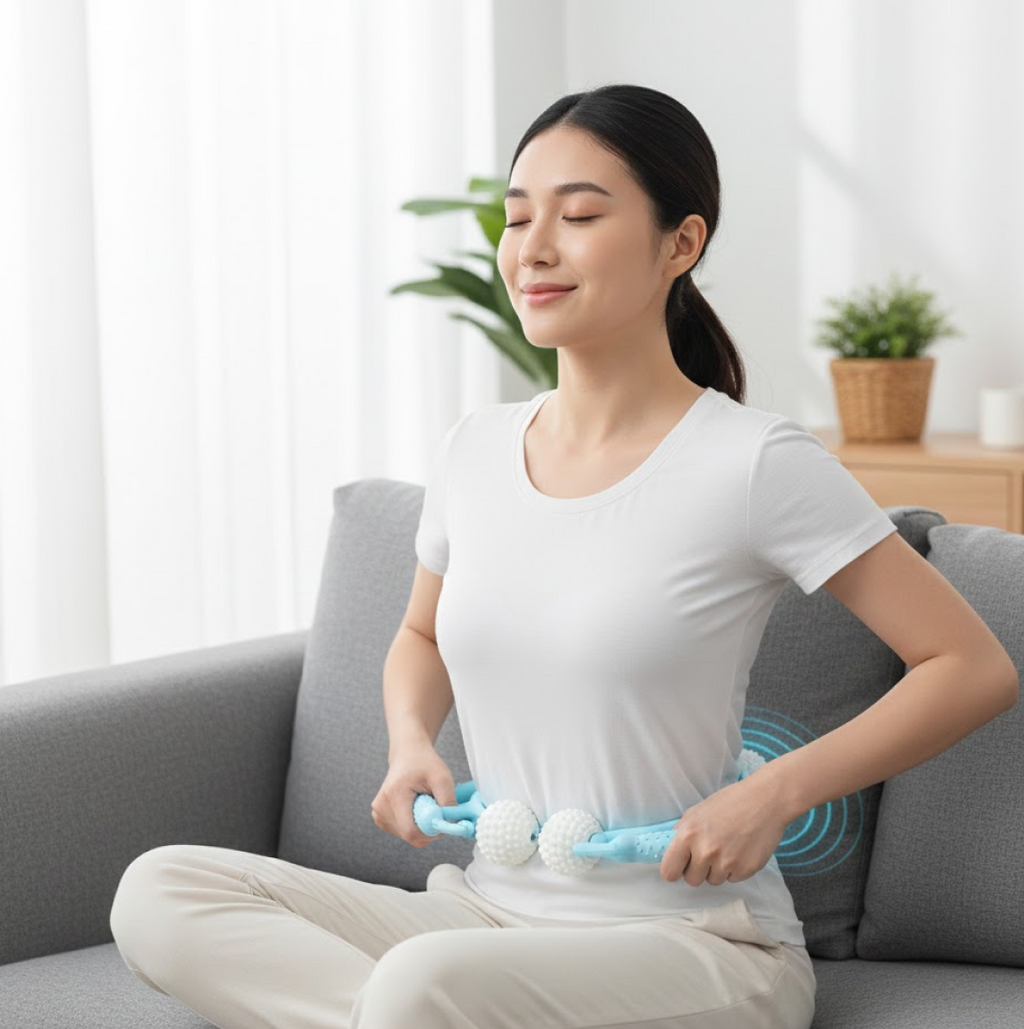 Infographic highlighting the benefits of the massager, including stress and fatigue reduction.