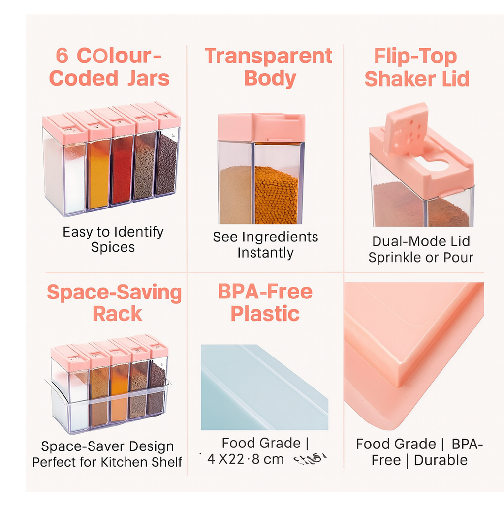 Infographic illustrating key features of the plastic spice jars.