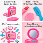 Illustration showing a child happily playing with the pretend play beauty kit.