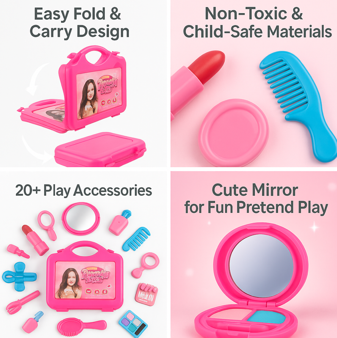 Illustration showing a child happily playing with the pretend play beauty kit.