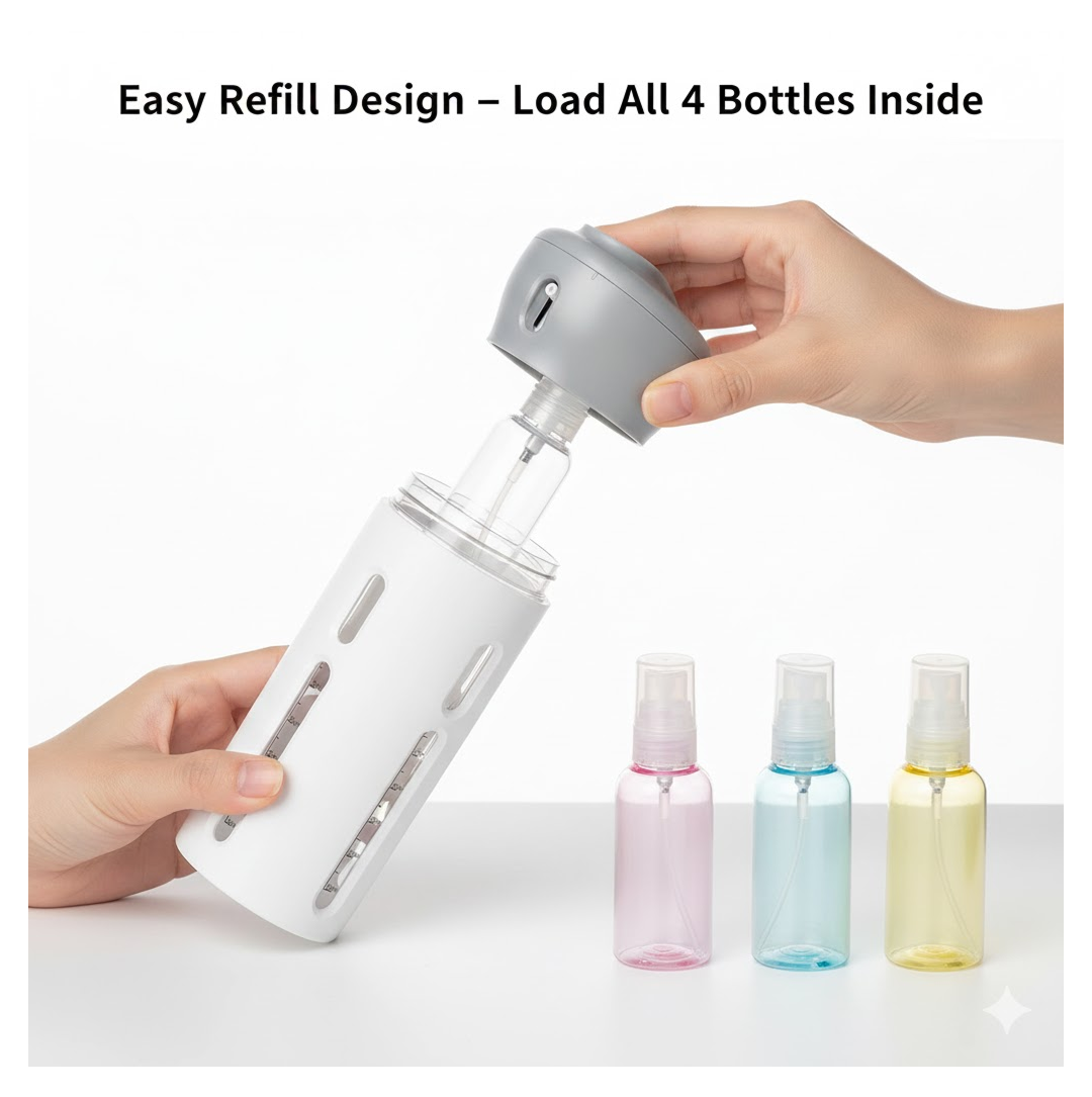 The refillable cosmetic containers inside the travel dispenser set.