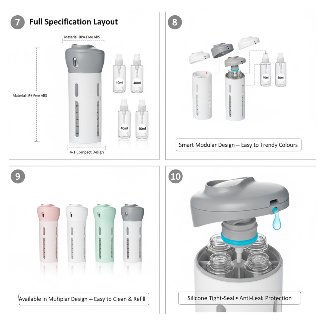 A hand demonstrating how to rotate the 4-in-1 travel dispenser for use.
