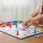 Plastic money coins and colorful game pieces for the business board game.