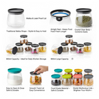 Multicolour matka jars filled with various kitchen ingredients.