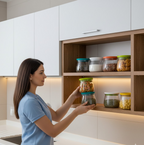 Airtight storage jars enhancing kitchen decor and organization.