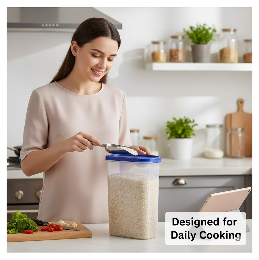Stackable modular airtight food storage containers neatly organized in a modern kitchen pantry.