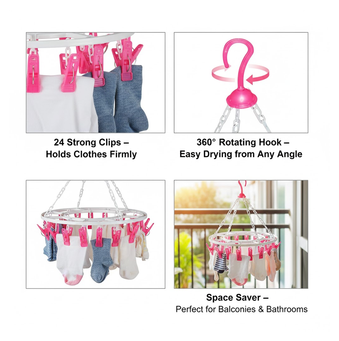 Multipurpose round cloth drying rack with 24 clips in action, hanging socks.