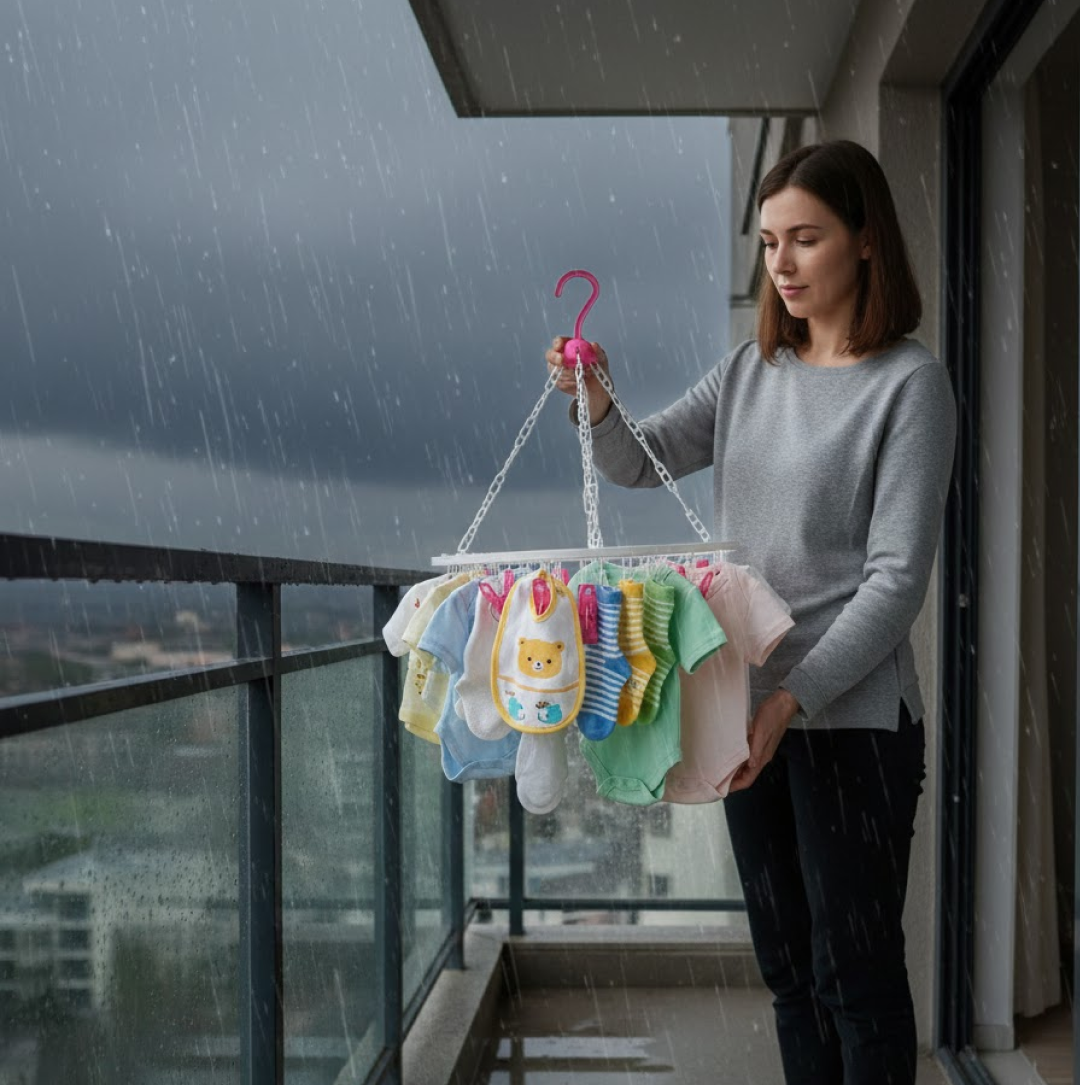 Compact round laundry drying rack, ideal for small spaces and travel.