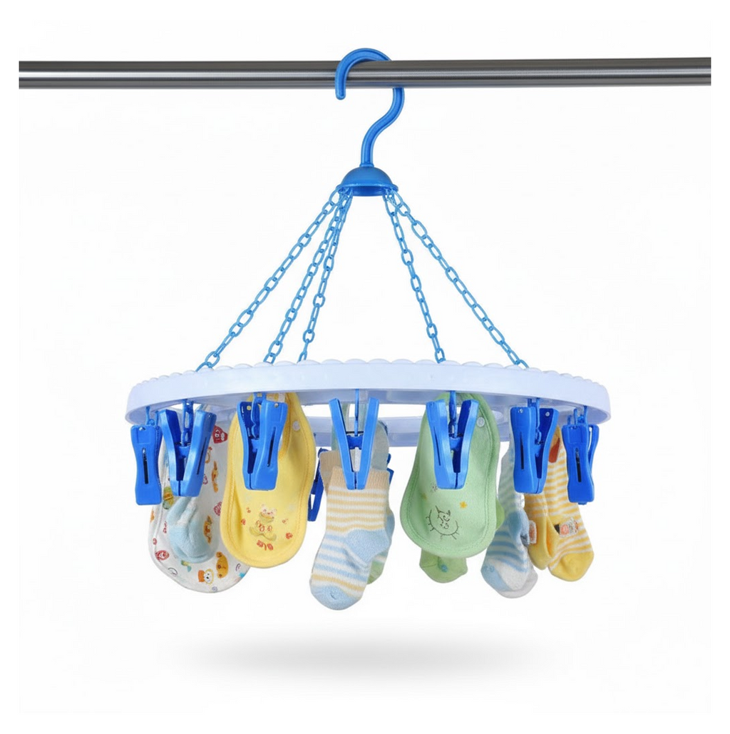Windproof hook feature on the round plastic cloth drying stand.