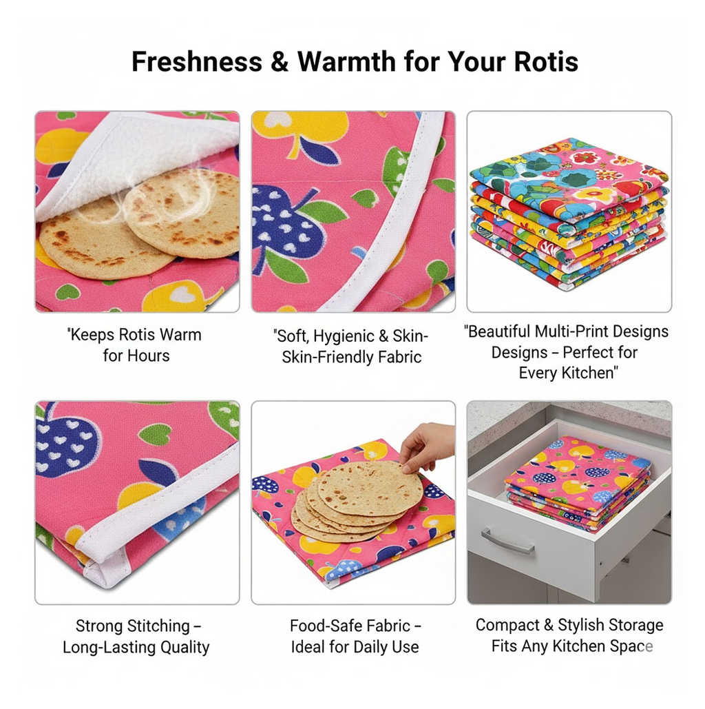 Illustration showcasing the design and benefits of the Tidy Table roti cover.
