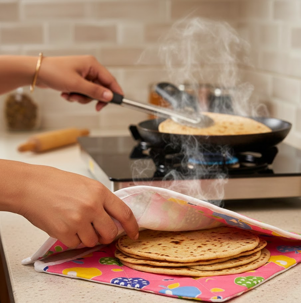 Visual guide on how to best use the square roti cover for warmth and freshness.