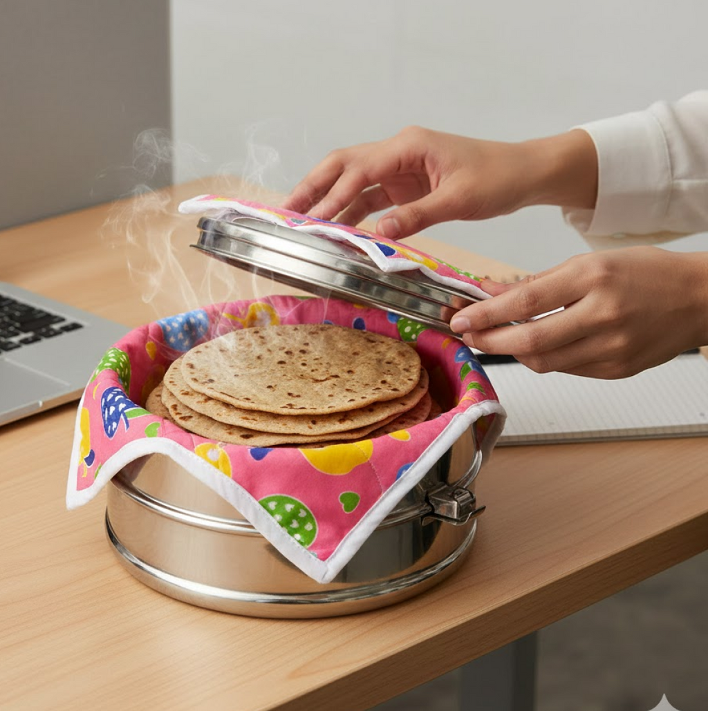 Simple care instructions for washing and maintaining the reusable roti cover.