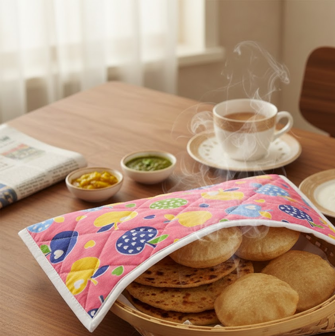 Close-up of the soft cotton fabric, highlighting the quality of the roti cover.