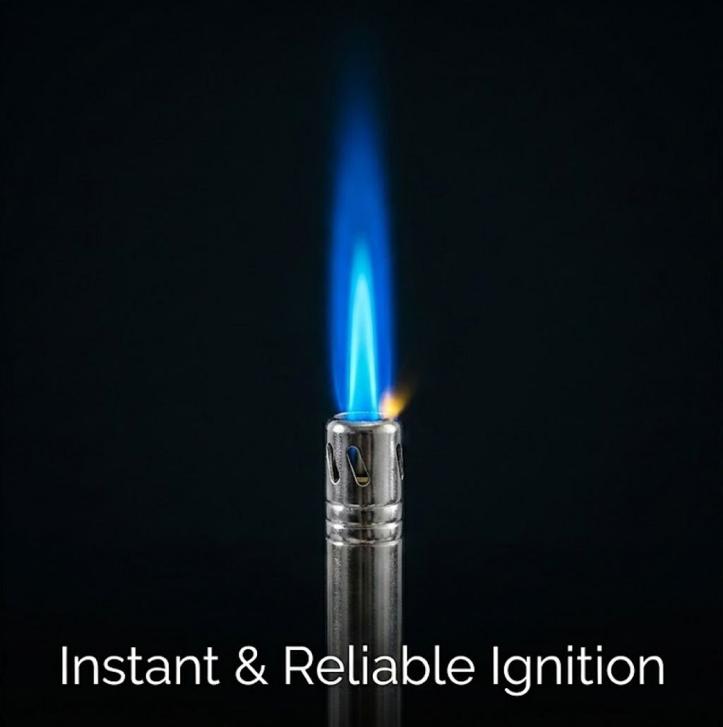 Front view of the ChefArmor stainless steel gas lighter with ergonomic handle.