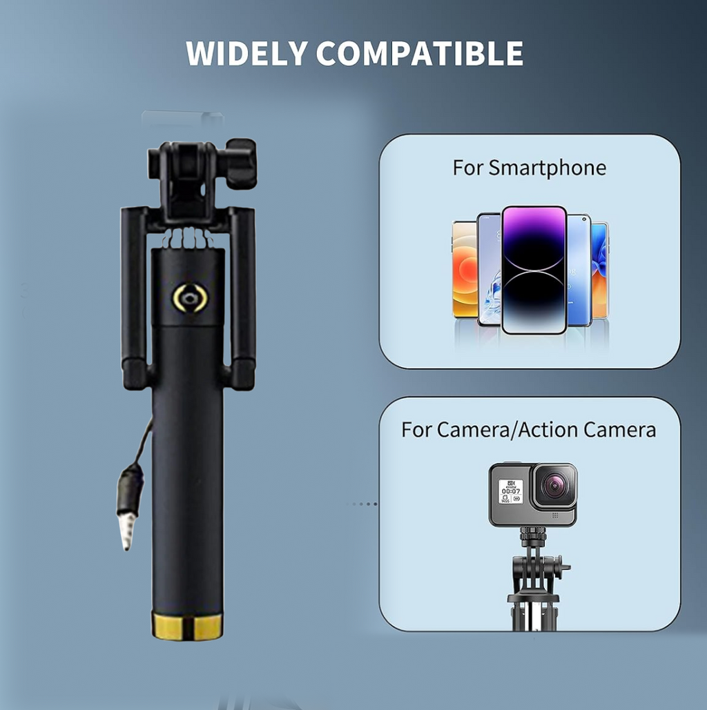 Diagram illustrating how to connect the aux wire of the selfie stick to a smartphone.
