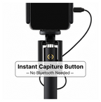 Set of selfie stick accessories, highlighting the aux wire and phone holder compatibility.