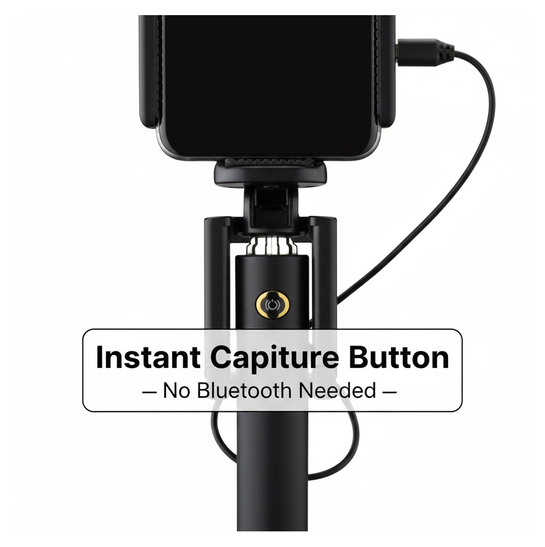 Set of selfie stick accessories, highlighting the aux wire and phone holder compatibility.