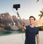 Infographic detailing key features and benefits of the selfie stick with aux wire.