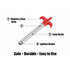 Ergonomic handle and long ignition tip of the ChefArmor stainless steel gas lighter.