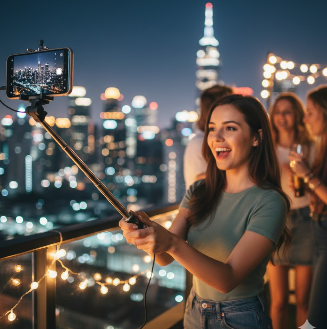 The selfie stick with aux wire collapsed, demonstrating its portable design.