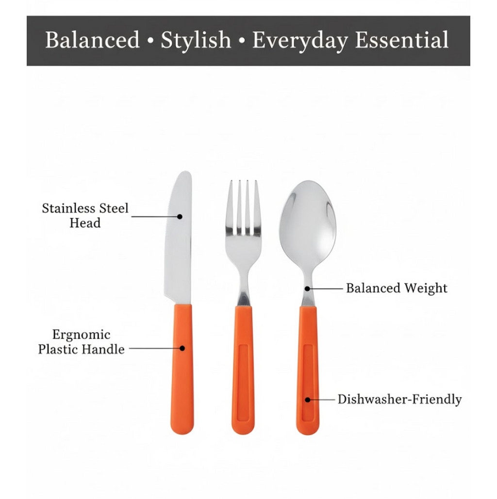 The complete 24 Pcs cutlery set with all its pieces displayed and the revolving stand.